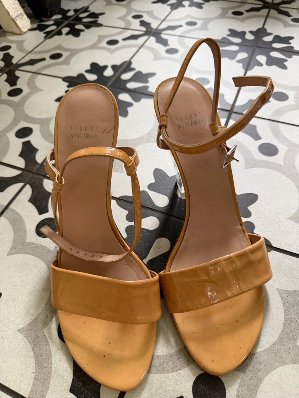 Stuart Weitzman Patent Tan Leather Wedge Sandals